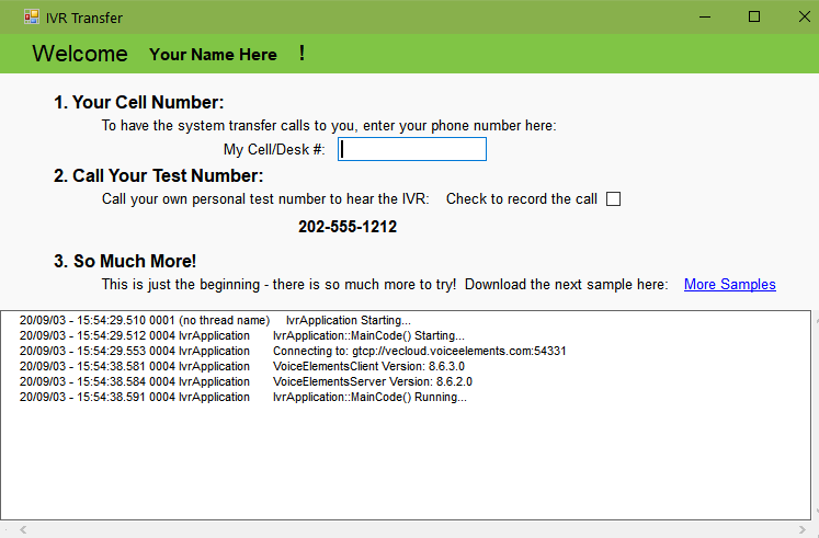 Screenshot of the IVR with Transfer Demo Client