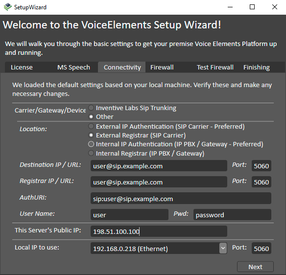 Screenshot of VoiceElements Setup Wizard