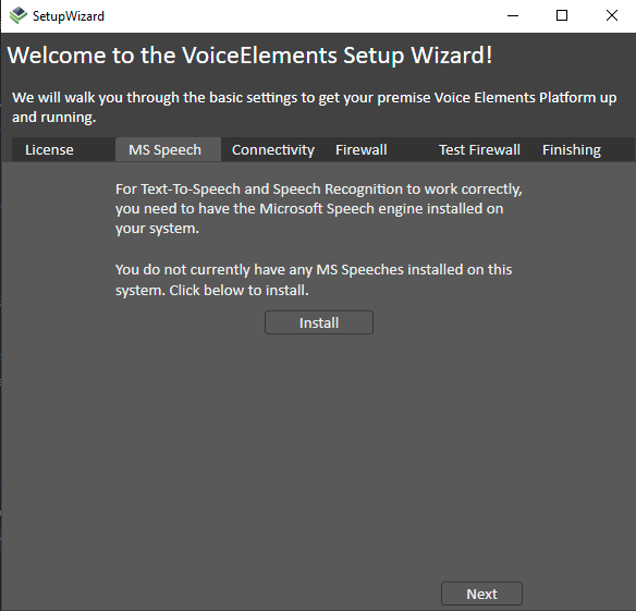 Voice Elements Dashboard - Testing Speech Recognition in Setup Wizard