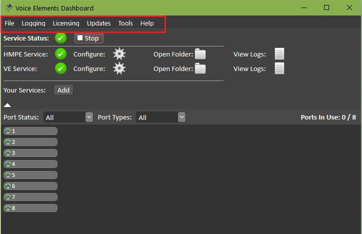 Screenshot of the VE Premise Dashboard Menu