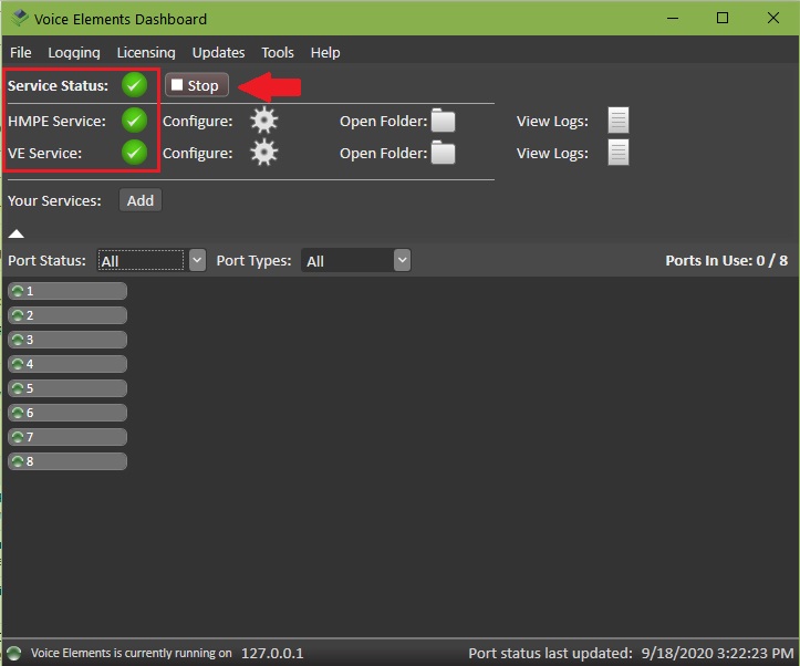 Screenshot - VE Premise Dashboard: Service Status