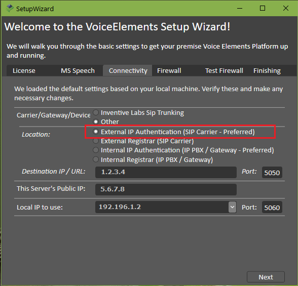 VE Premise Setup - Connectivity with External SIP Carrier Authentication