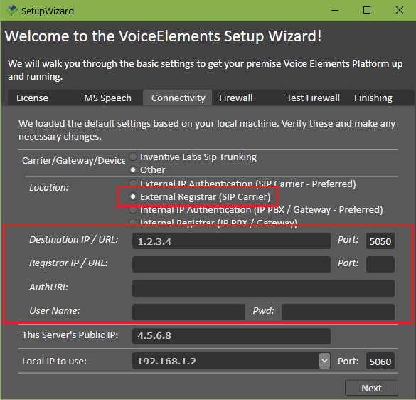 Screenshot VE Premise Wizard: Connectivity to External IP Registrar