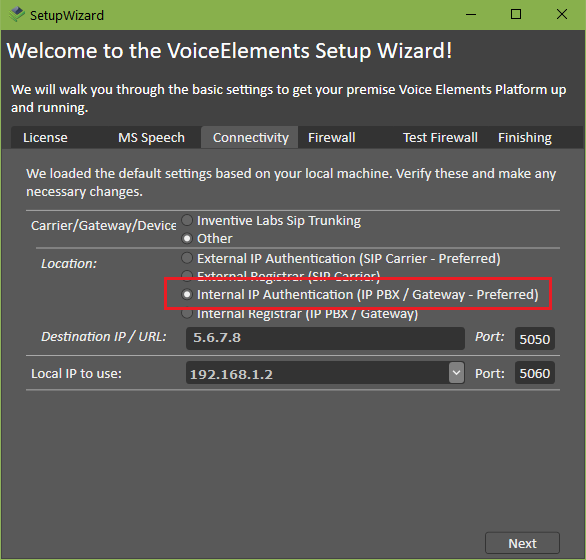 VE Premise Setup - Connectivity with Internal Authentication