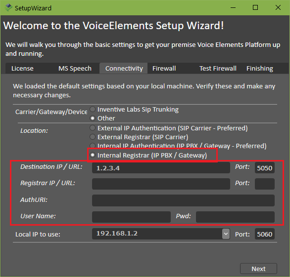 Screenshot VE Premise Wizard: Connectivity to Internal Registrar