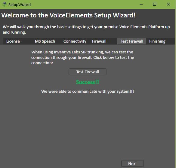 VE Setup Wizard - Firewall Test Successful
