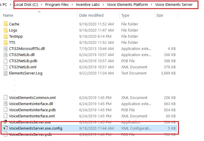 Screenshot - Voice Elements Server Config File Location