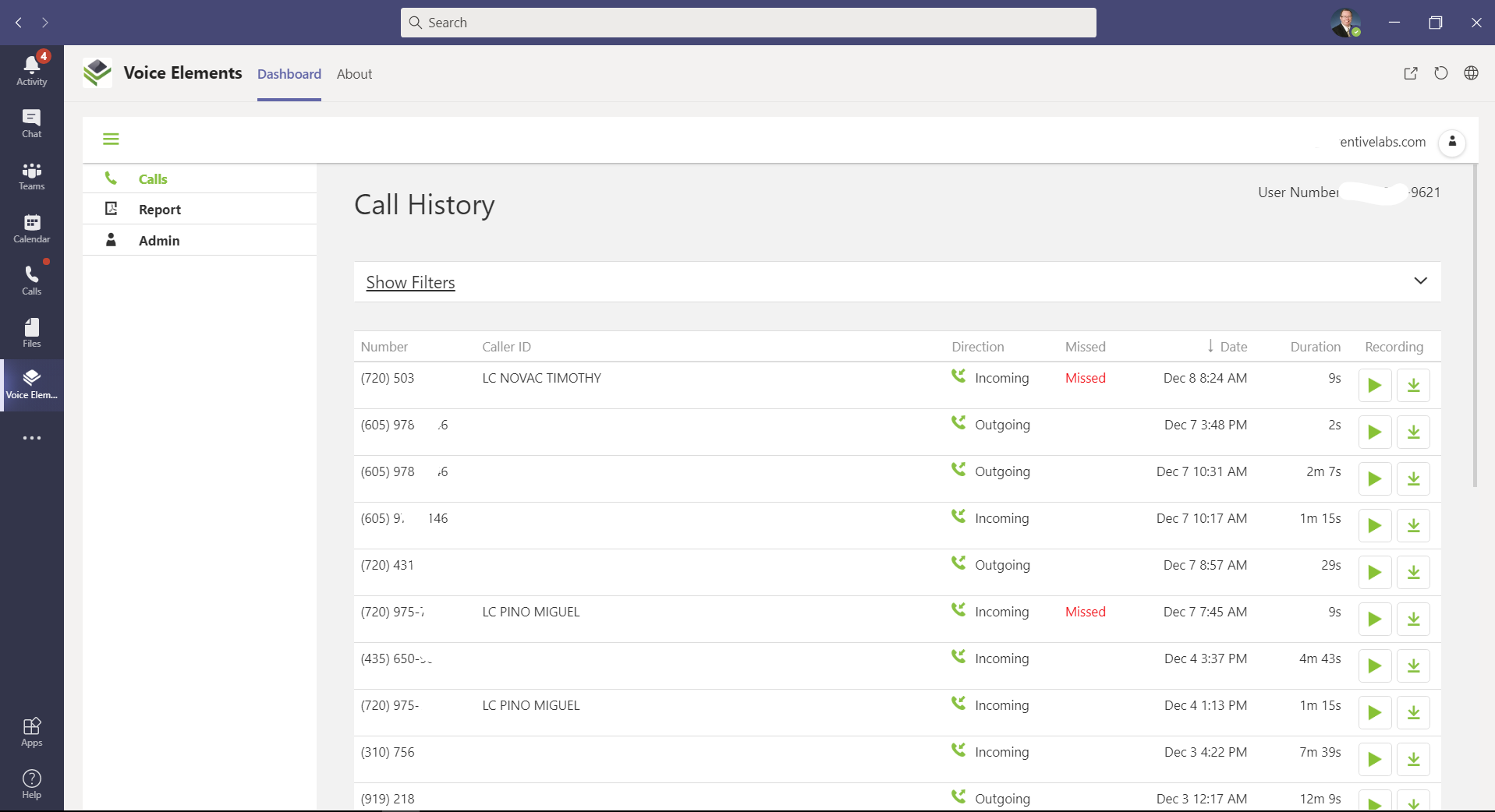 Voice Elements Calling Plan - Call History