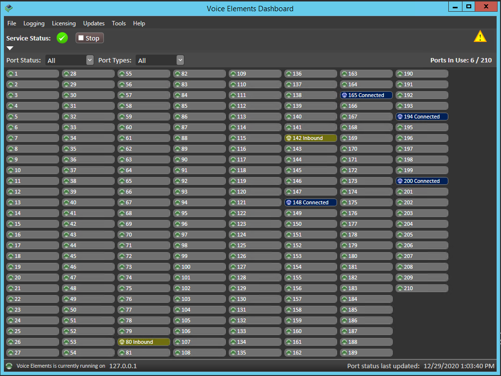 Voice Elements Dashboard Port Service Status