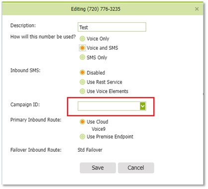 Edit Phone Number, Select Campaign ID